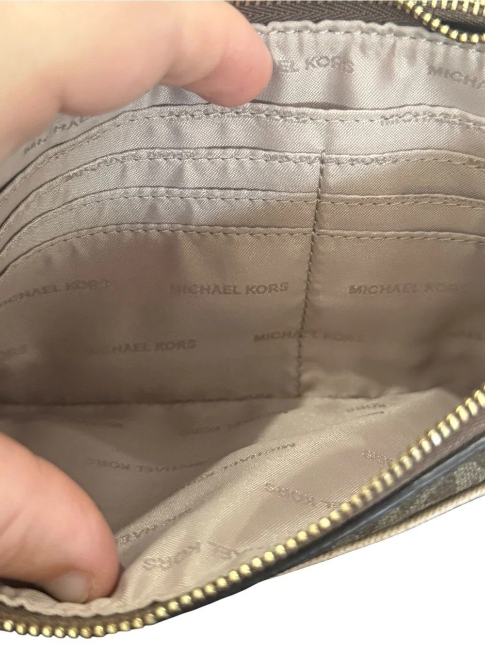 Michael Kors Tan Logo Wristlet Clutch with Cream Accent